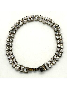 Tennis Bracelet Clear Rhinestone1950s Double Row Silver Tone Clasp Vintage